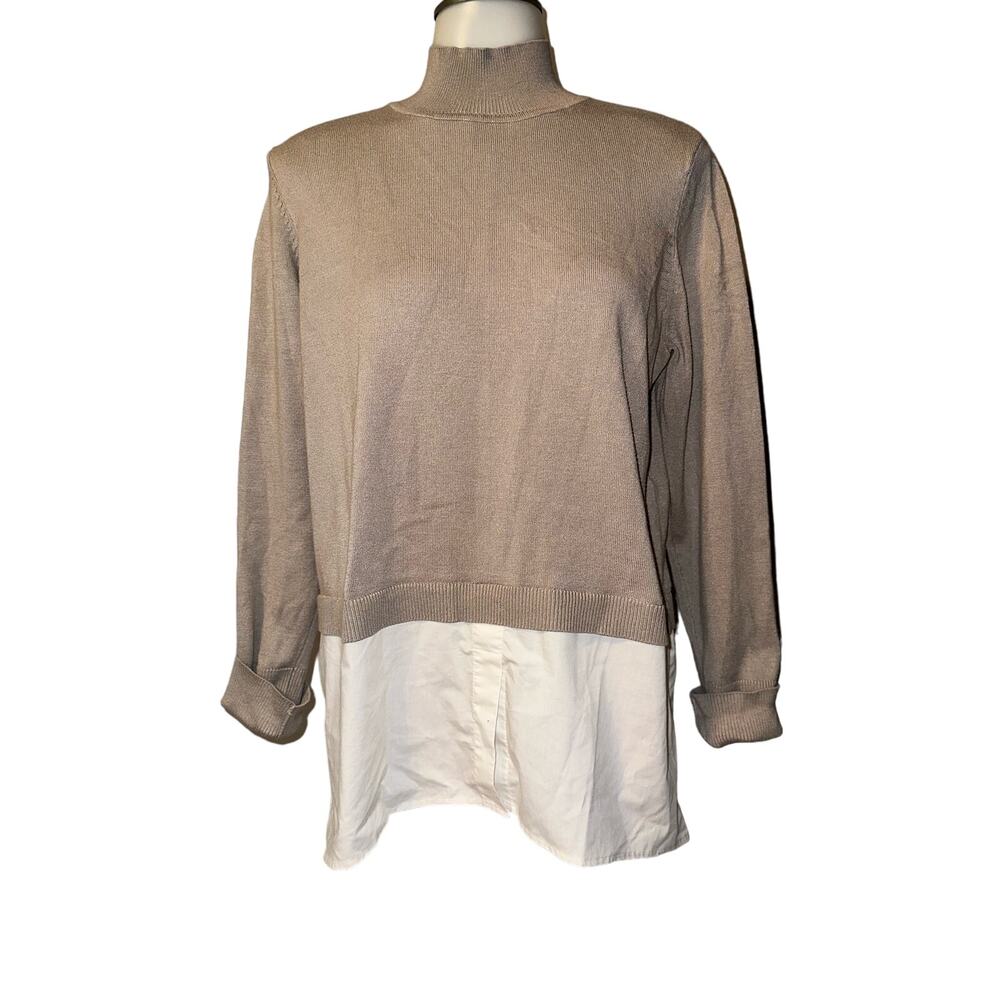 Chicos Women’s Size 1 Sweater  White Shirt Tail Hem Long sleeves Mock Neck
